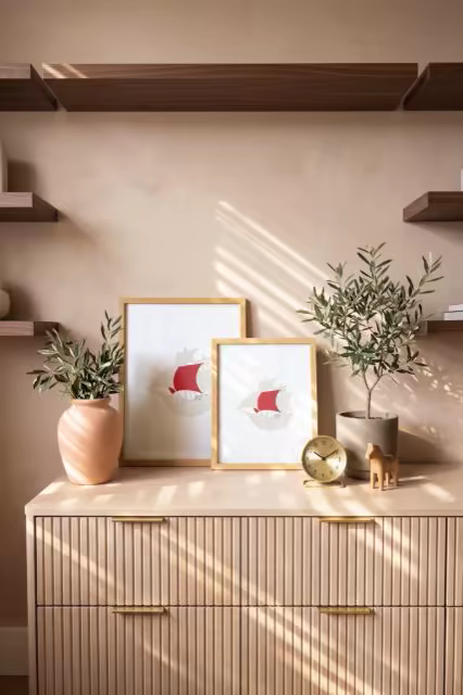 Framed Print Mockup on a Fluted Oak Dresser