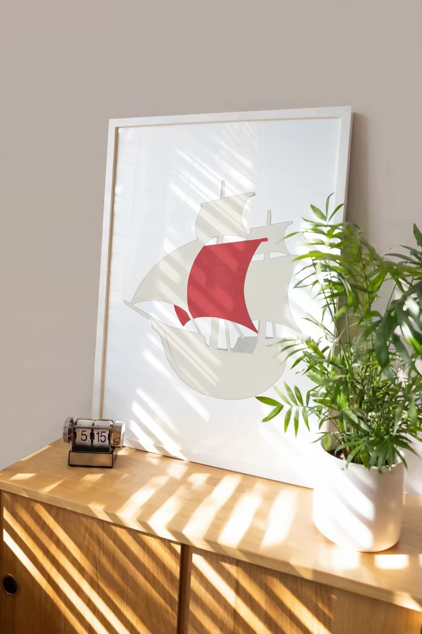 White Frame Poster Mockup on a Wood Sideboard