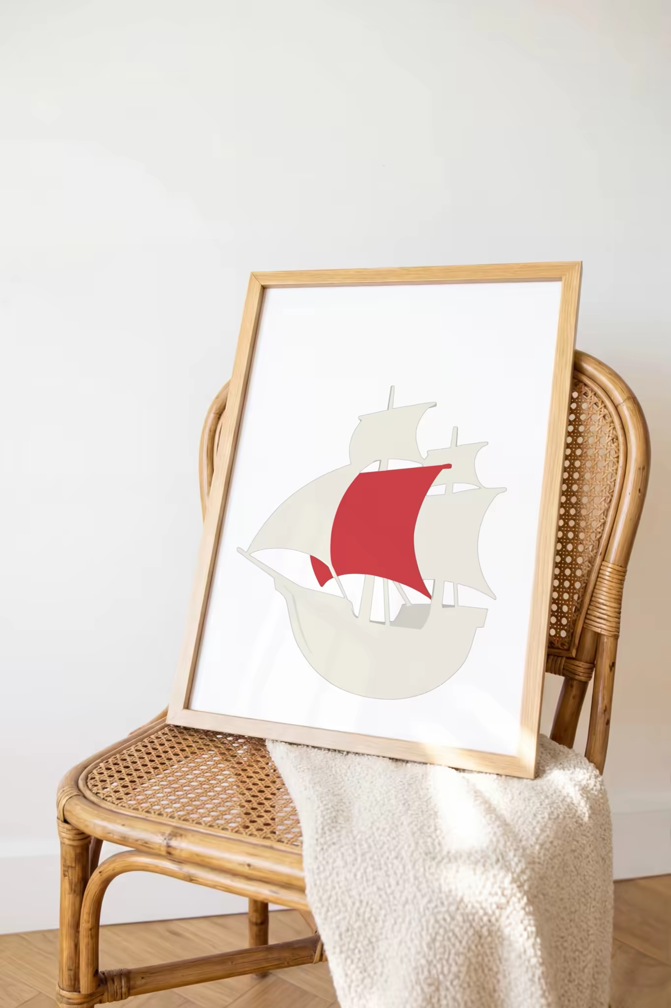 Oak Framed Poster Mockup on a Rattan Chair