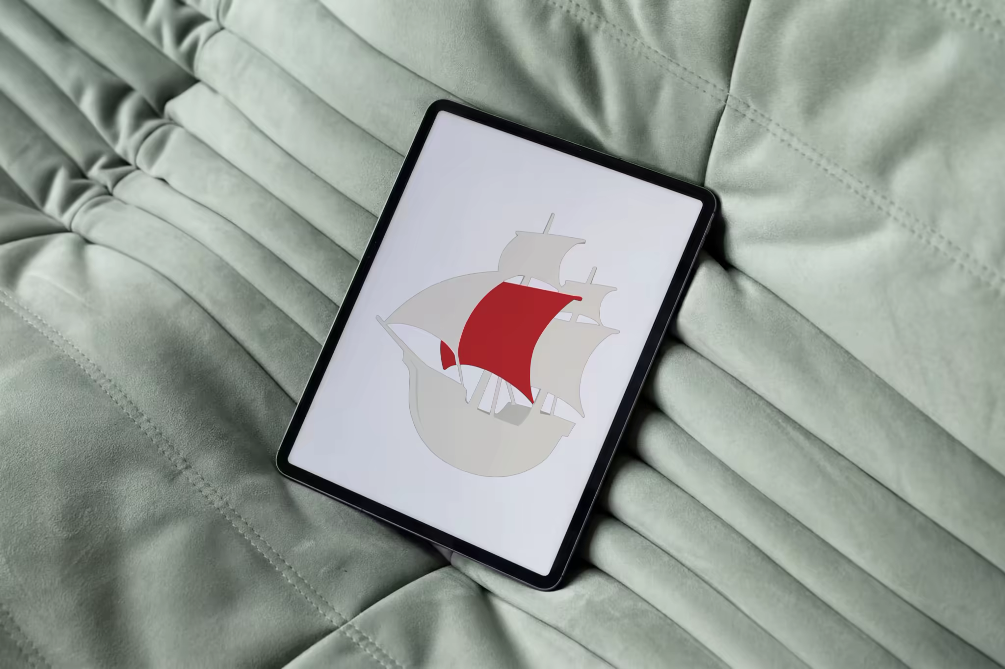 Tablet Screen Mockup on Sage Velvet Cushions