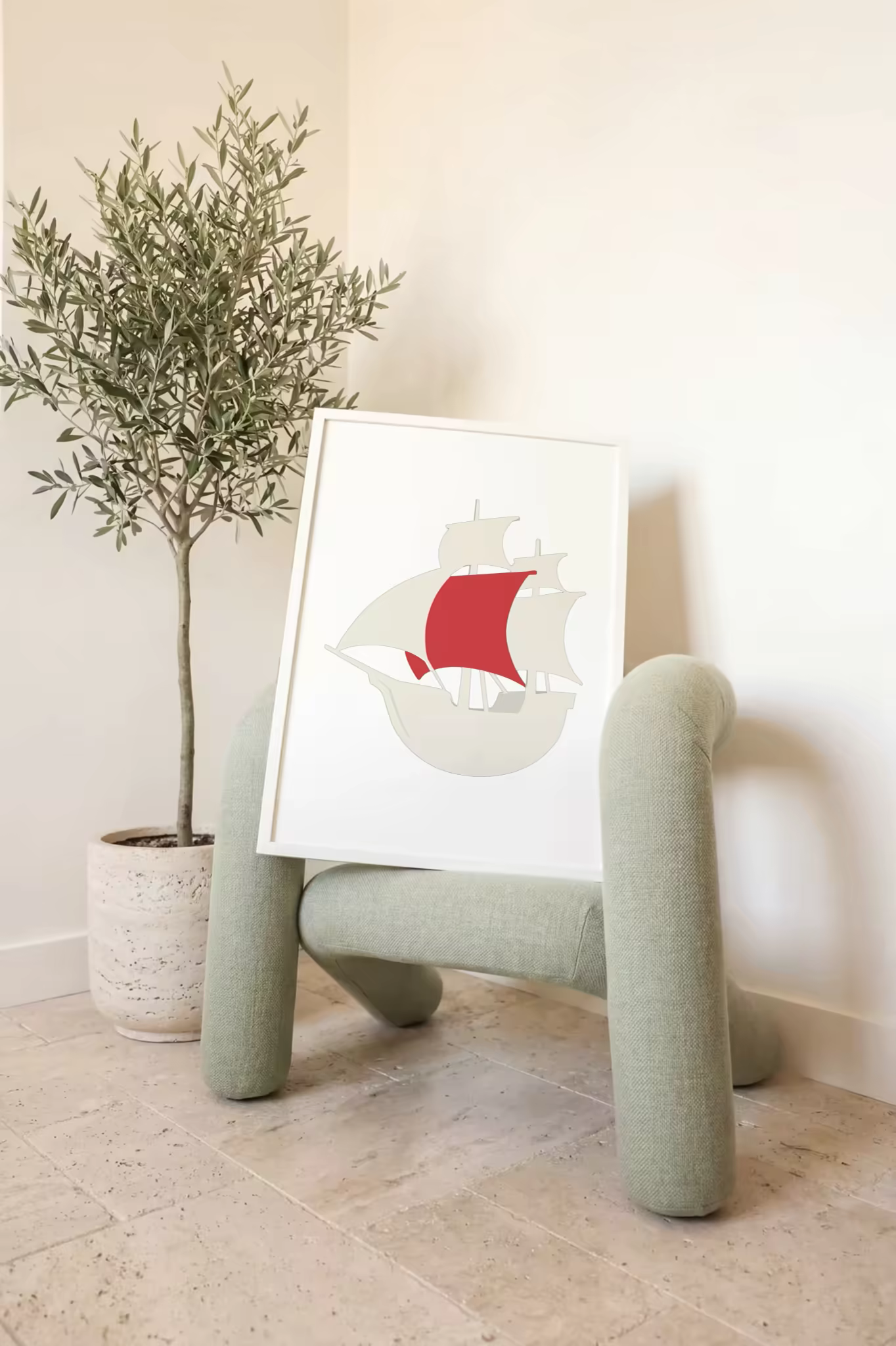 White Framed Poster Mockup on a Boucle Chair