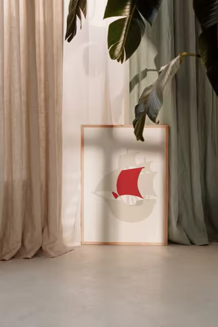 Slim Frame Poster Mockup Between Linen Curtains