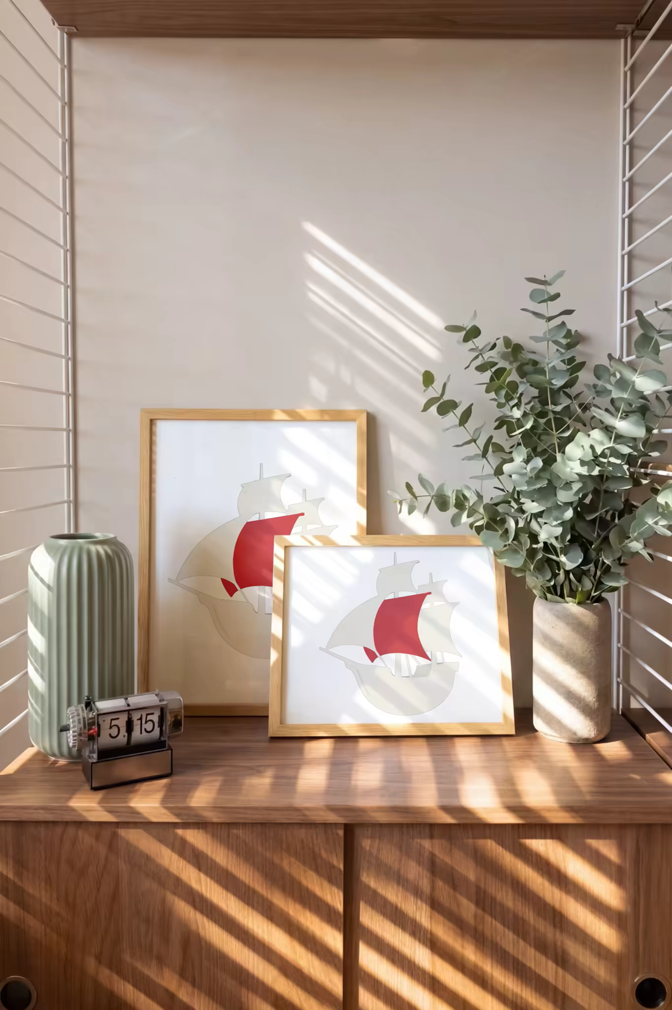 Oak Framed Print Mockup Pair on a Teak Sideboard