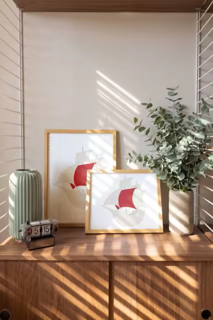 Oak Framed Print Mockup Pair on a Teak Sideboard