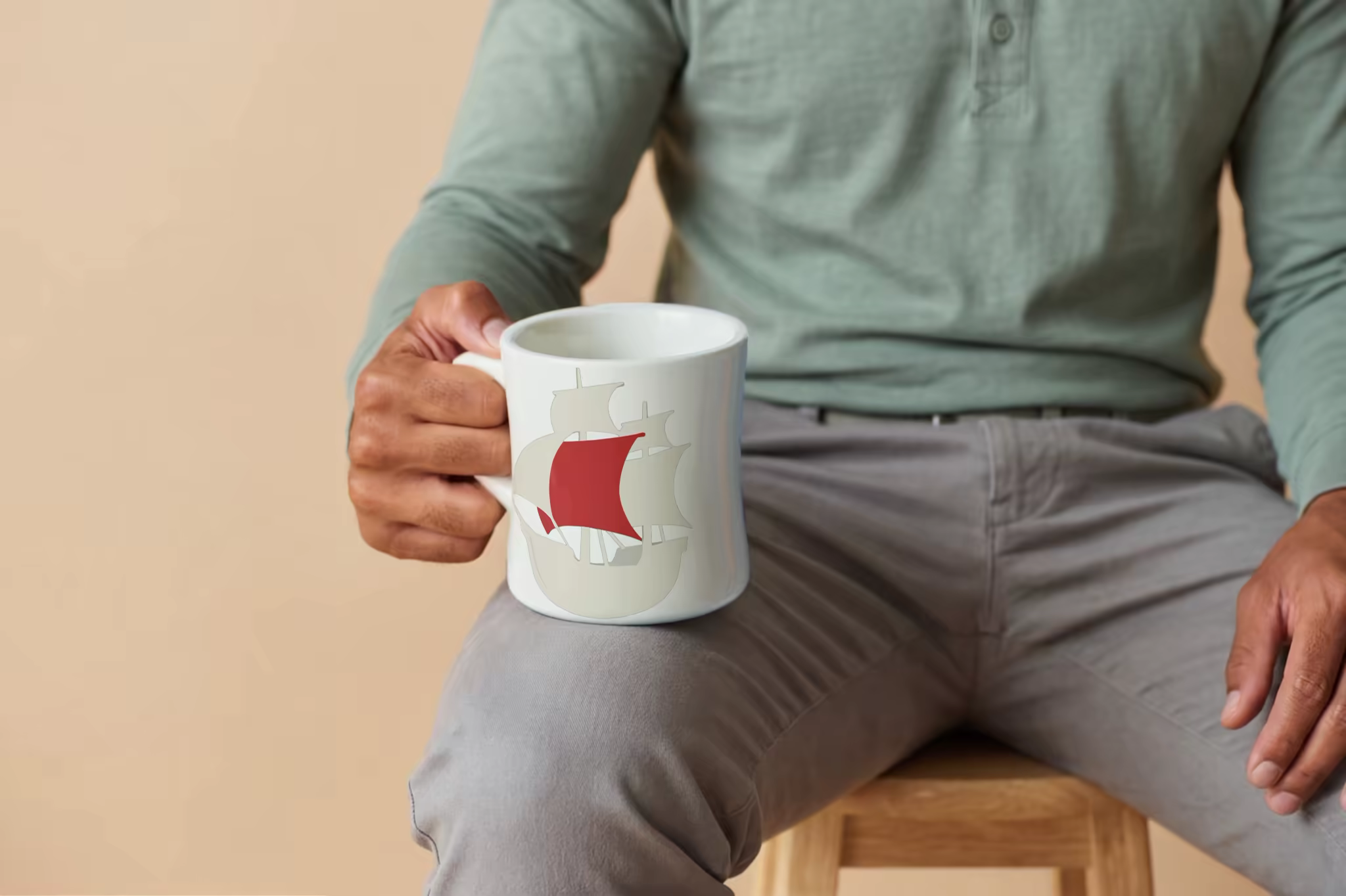 Ceramic Mug Mockup Held on a Wooden Stool