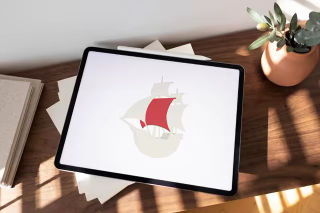 Tablet Mockup on a Walnut Desk in Sunlight