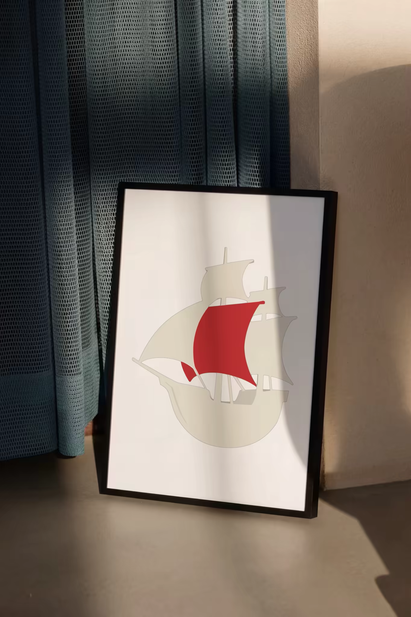 Framed Poster Mockup on the Floor by a Curtain