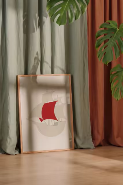 Wood Frame Poster Mockup Between Linen Curtains