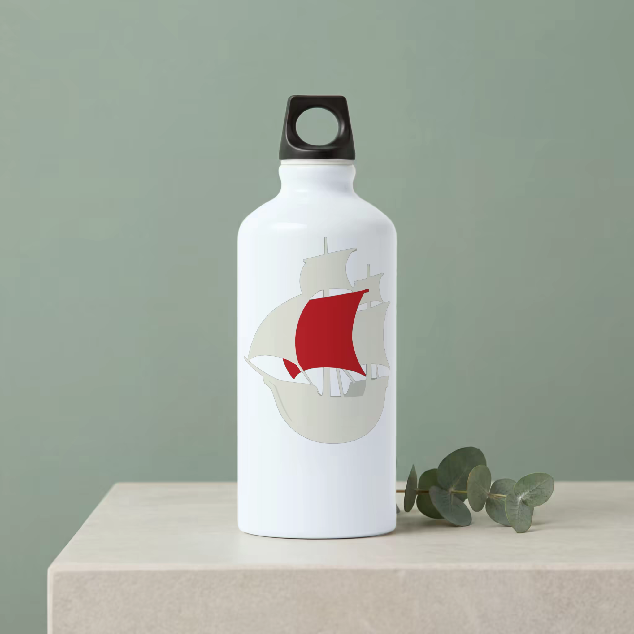 Aluminum Water Bottle Mockup With Eucalyptus