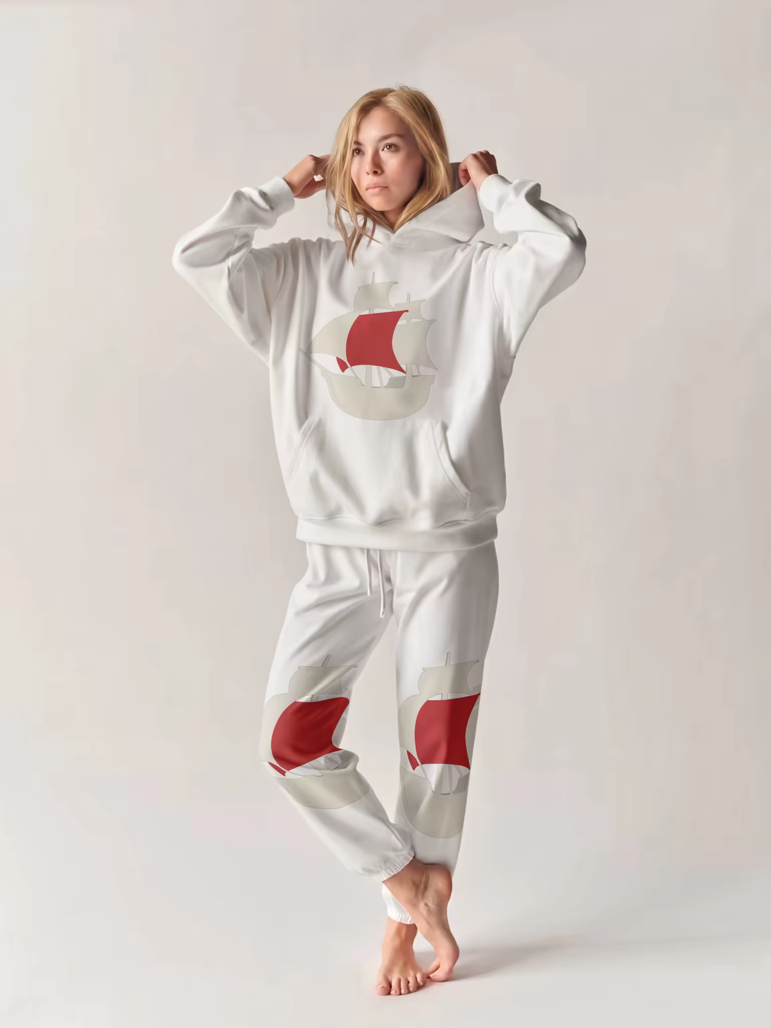 Hoodie and Sweatpants Mockup in a White Studio