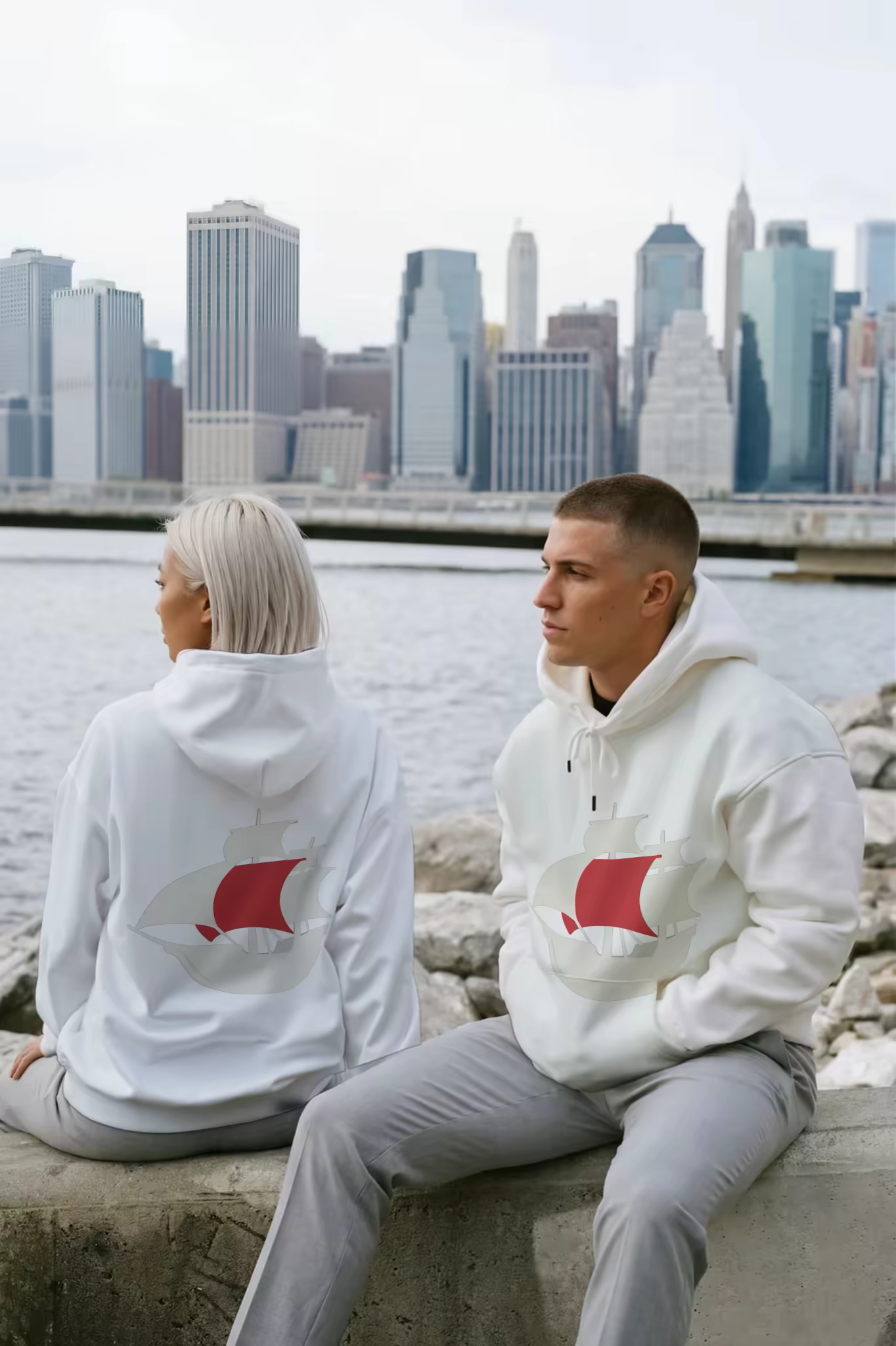 Matching Hoodies Mockup Against a City Skyline