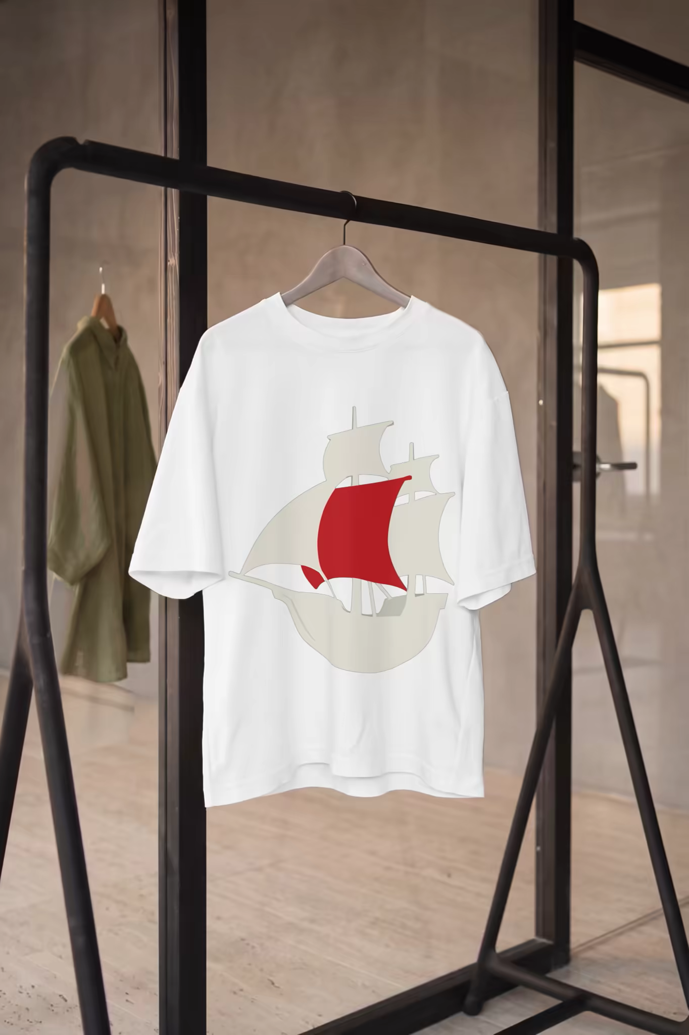 Oversized T-Shirt Mockup on a Black Metal Rack