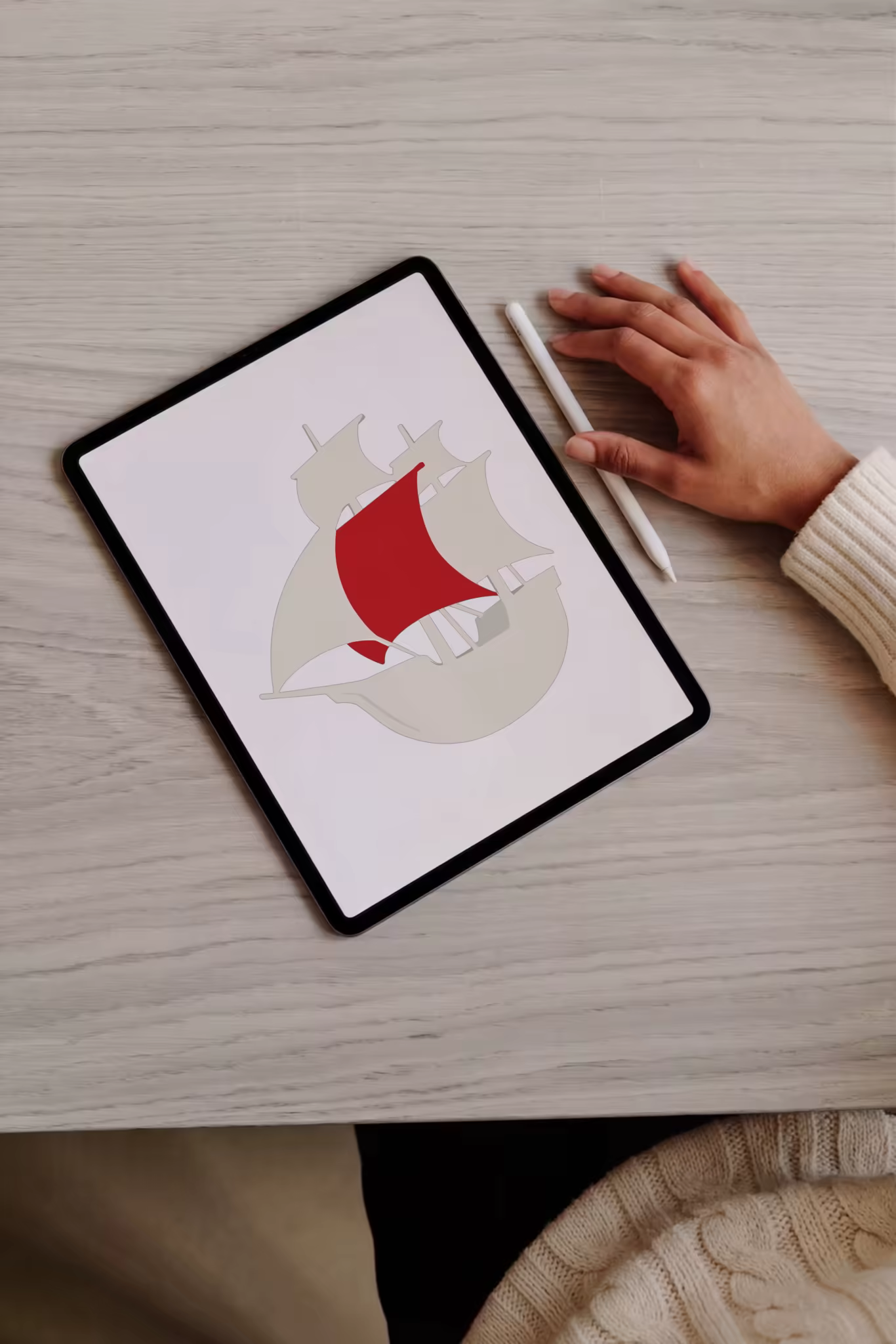 Tablet Mockup With a Stylus on Whitewashed Wood