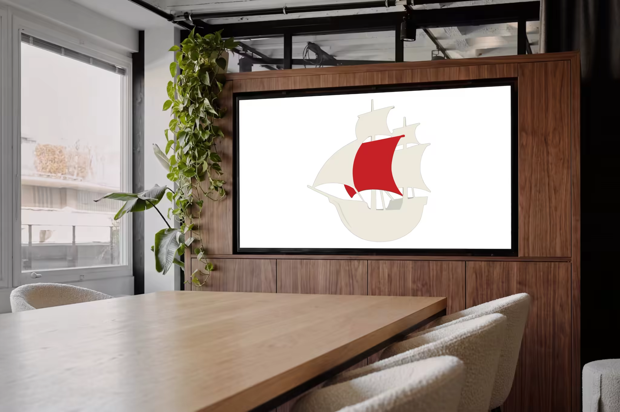 Wall Display Mockup in a Walnut Meeting Room