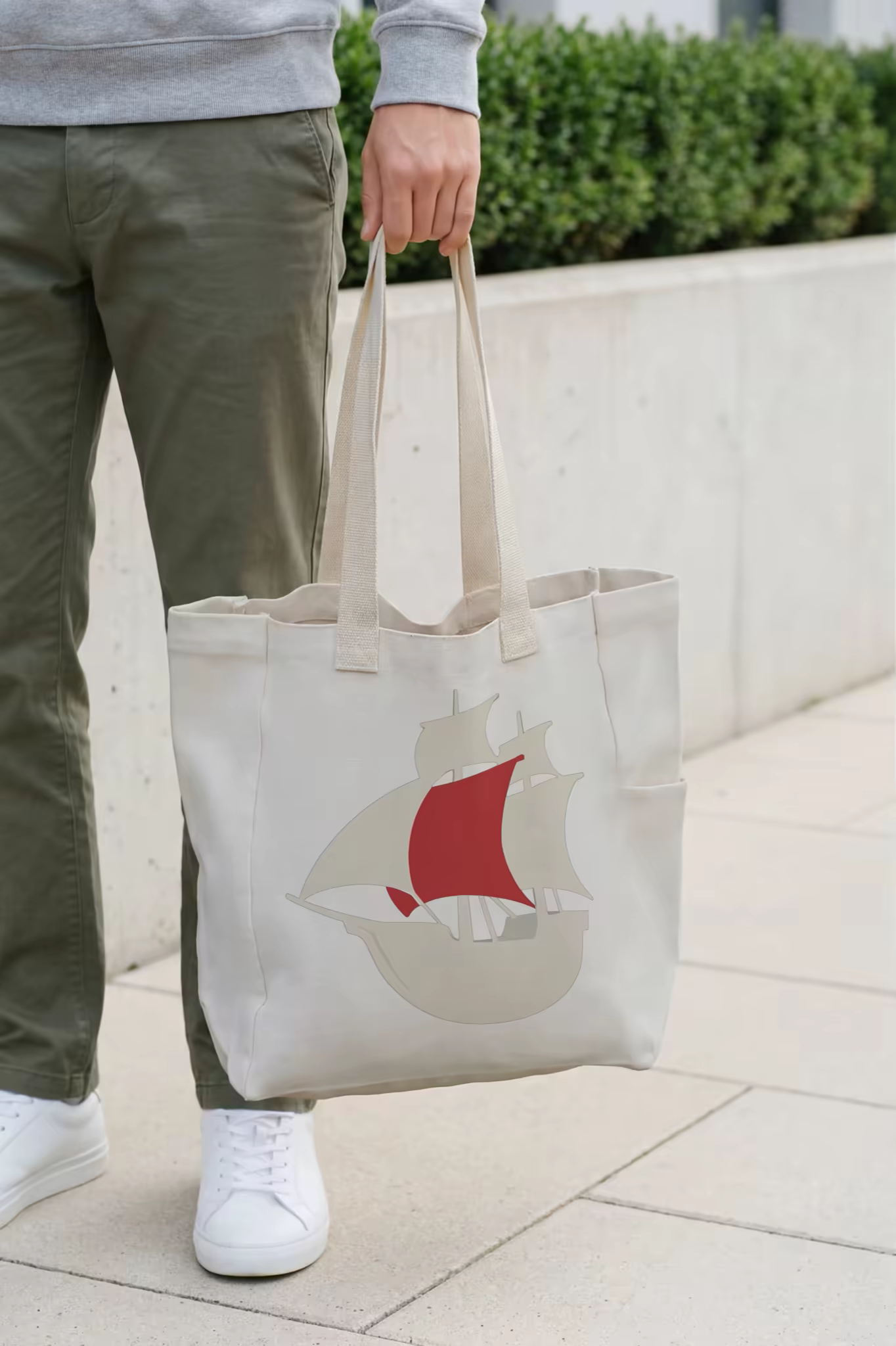 Canvas Tote Mockup Carried on a City Sidewalk