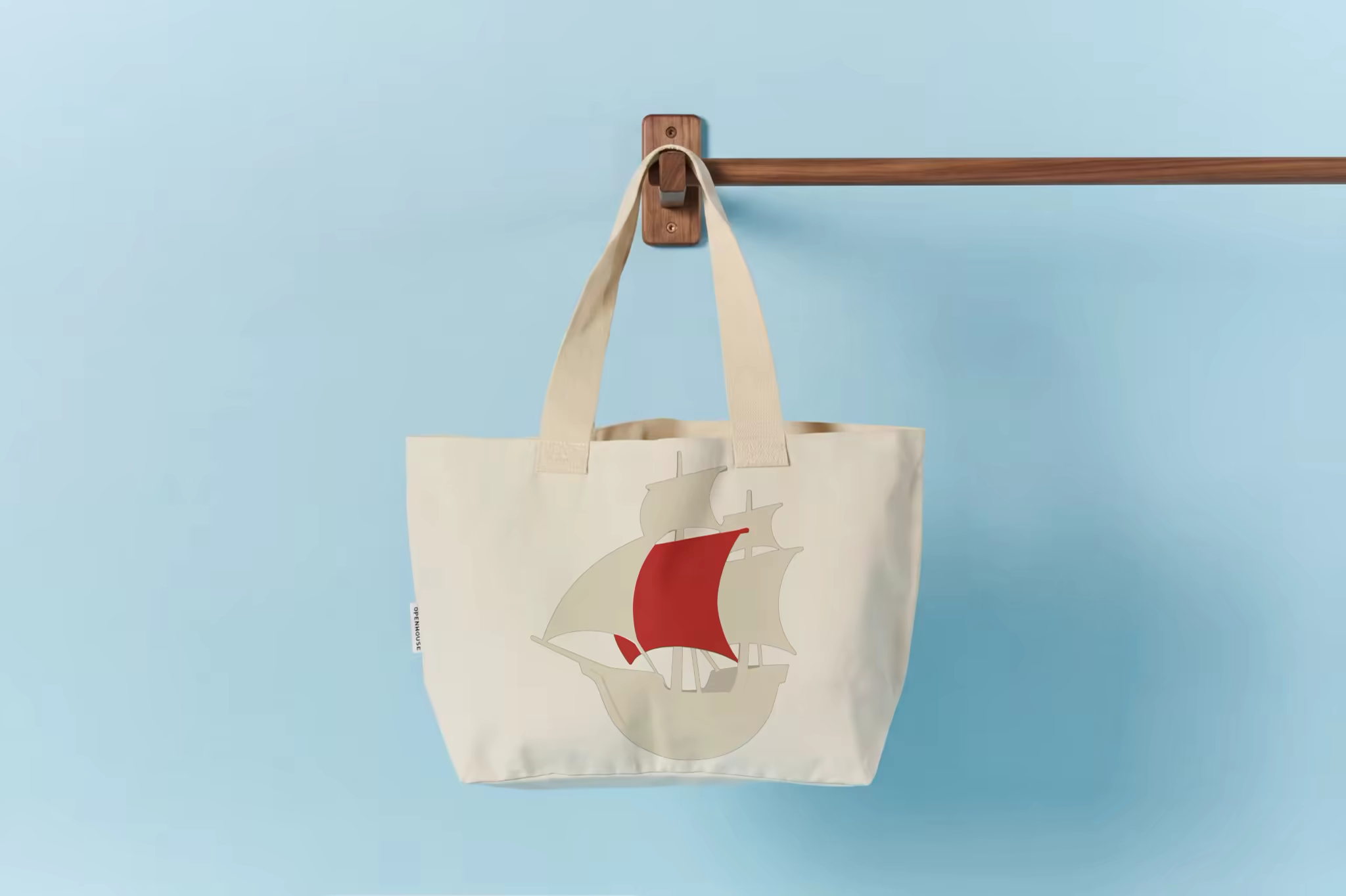 Canvas Tote Mockup Hung on a Wooden Wall Rail