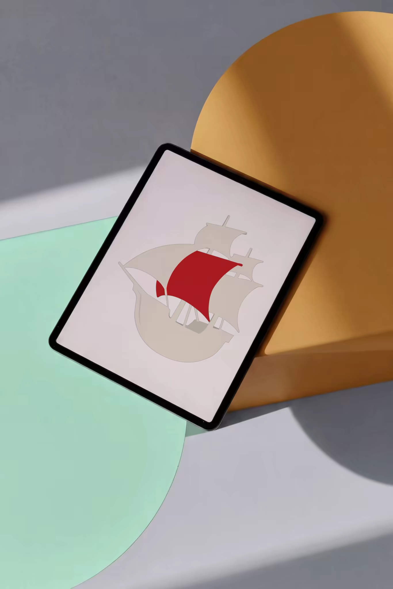 Tablet Mockup Amid Pastel Geometric Shapes
