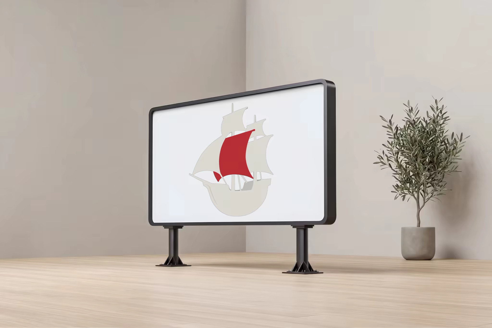 Indoor Billboard Mockup Beside a Potted Olive Tree