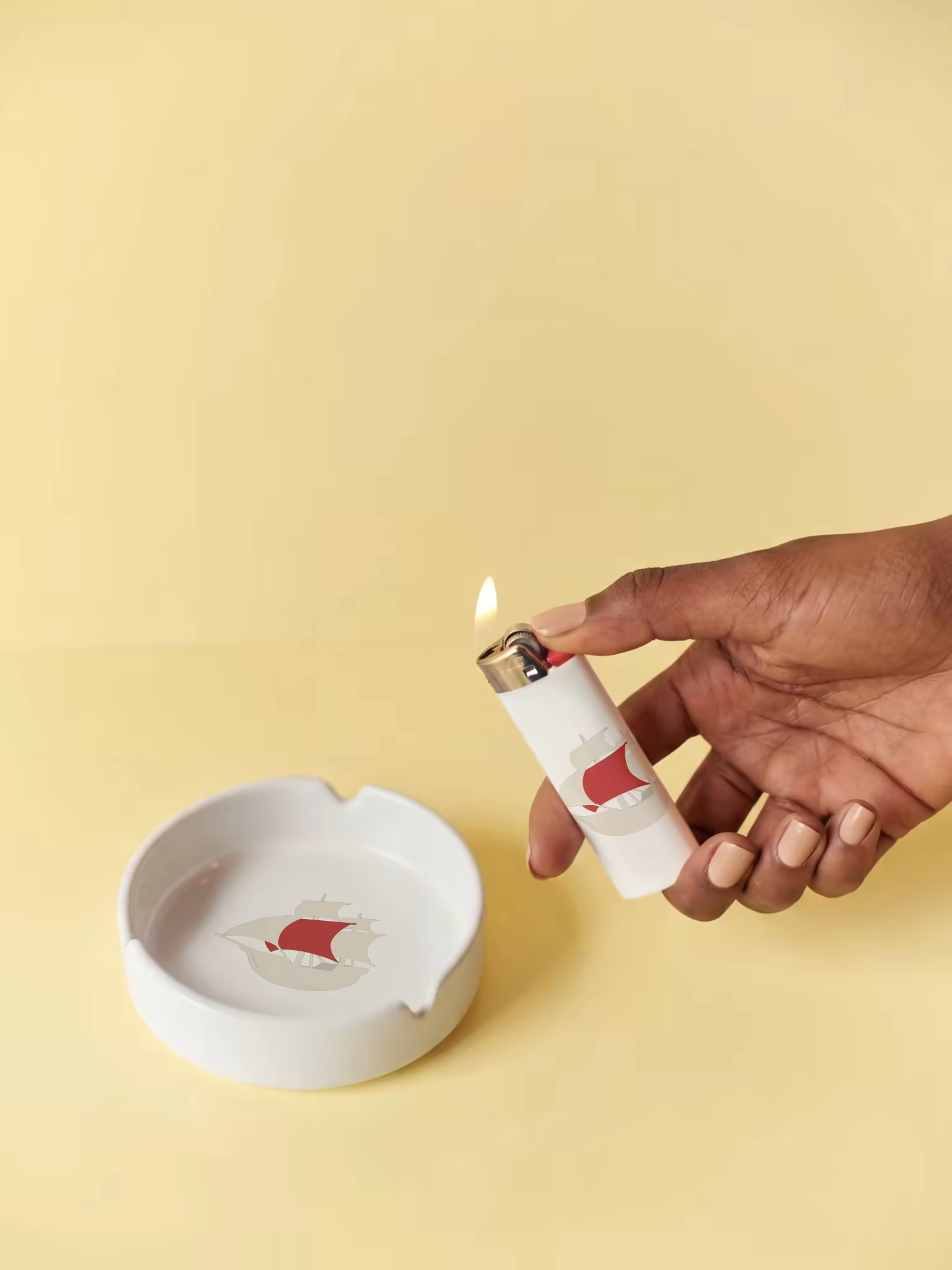 Lighter and Ashtray Mockup on Pale Yellow