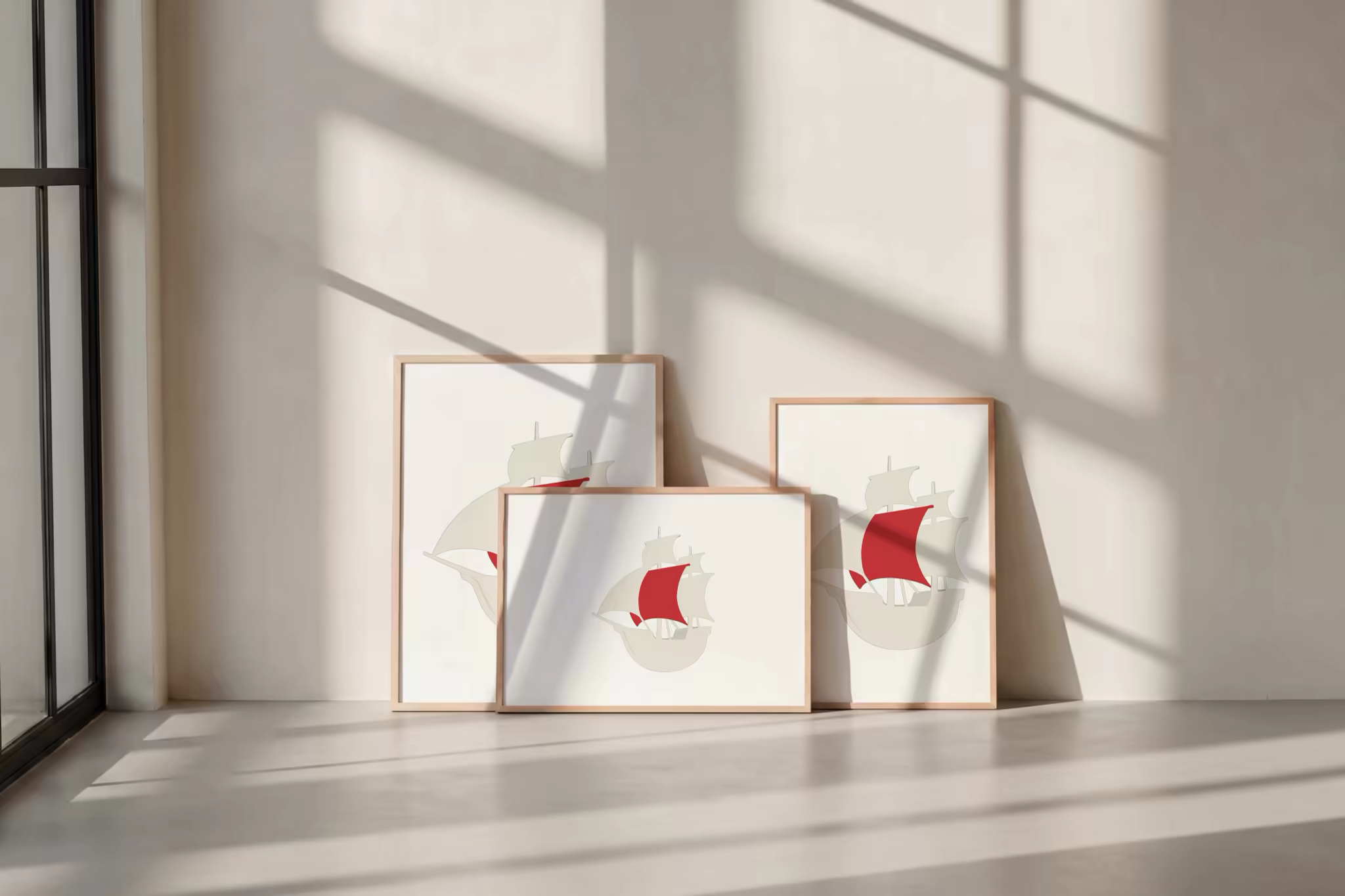 Framed Poster Mockup Trio Against a Cream Wall