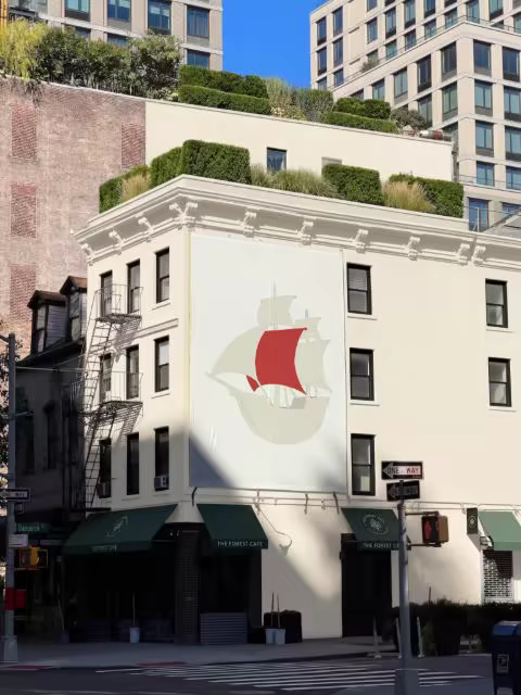 Building Wall Mural Mockup Above Cafe Awnings