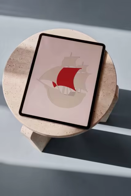 Tablet Mockup on a Round Travertine Pedestal