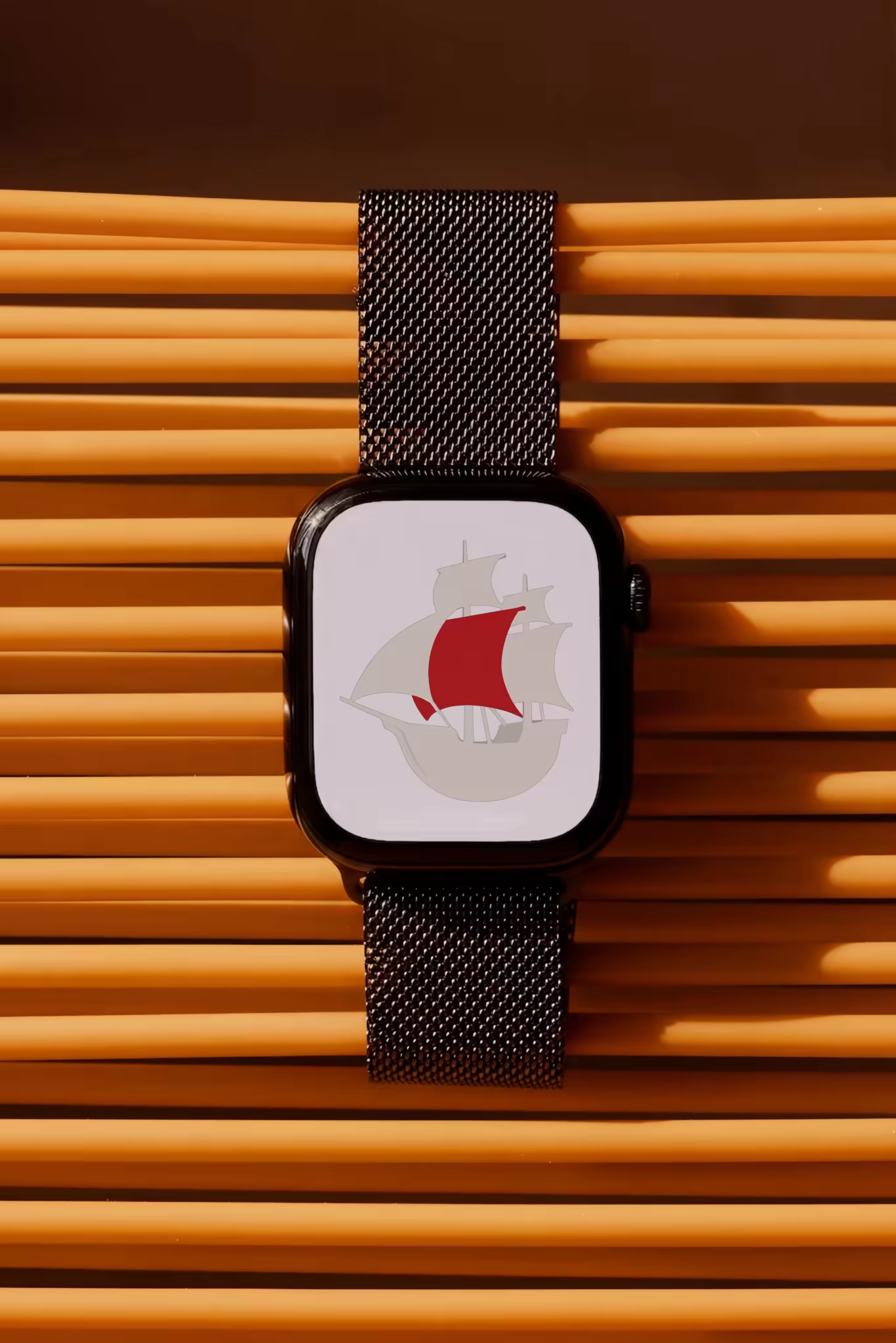 Smartwatch Mockup With Mesh Band on Ochre Slats