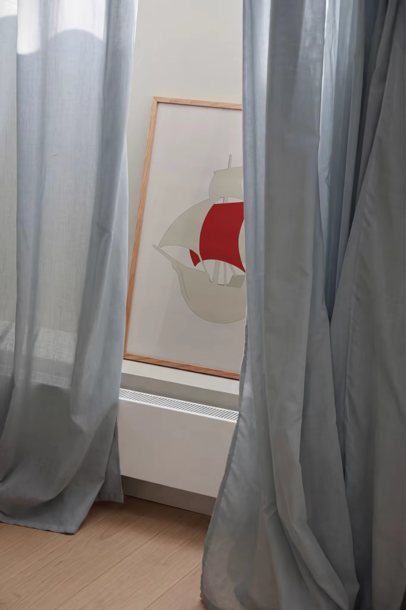Framed Poster Mockup Behind Sheer Gray Curtains