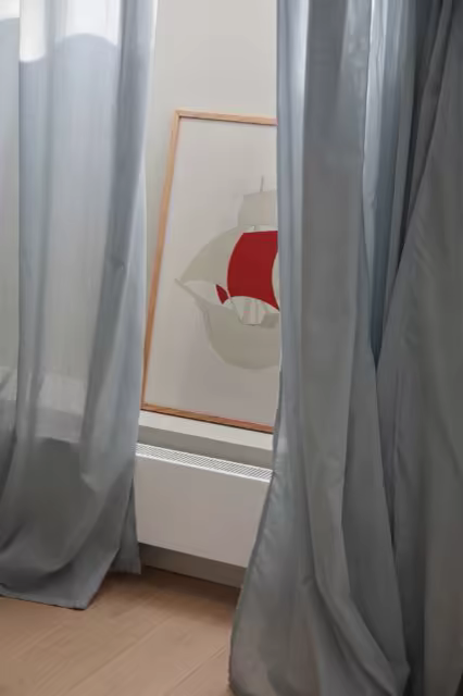 Framed Poster Mockup Behind Sheer Gray Curtains