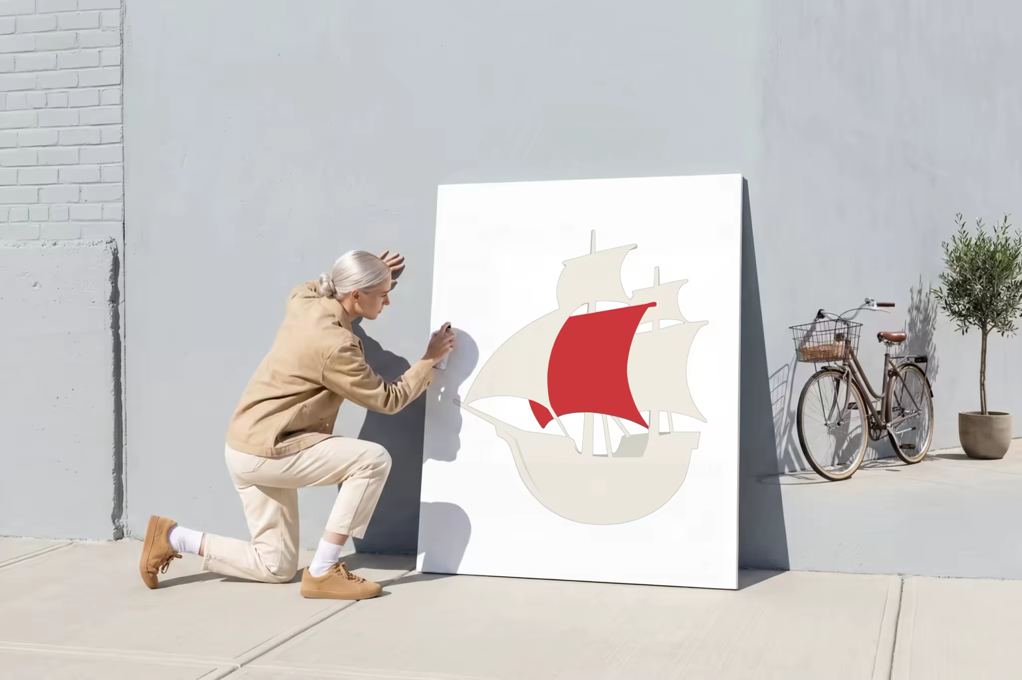 Large Canvas Mockup on a Sunlit City Sidewalk