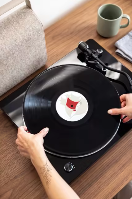 Vinyl Record Label Mockup on a Black Turntable