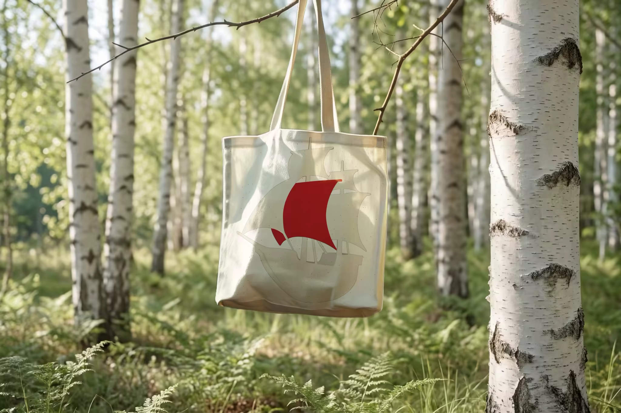 Canvas Tote Bag Mockup Hanging in a Birch Forest