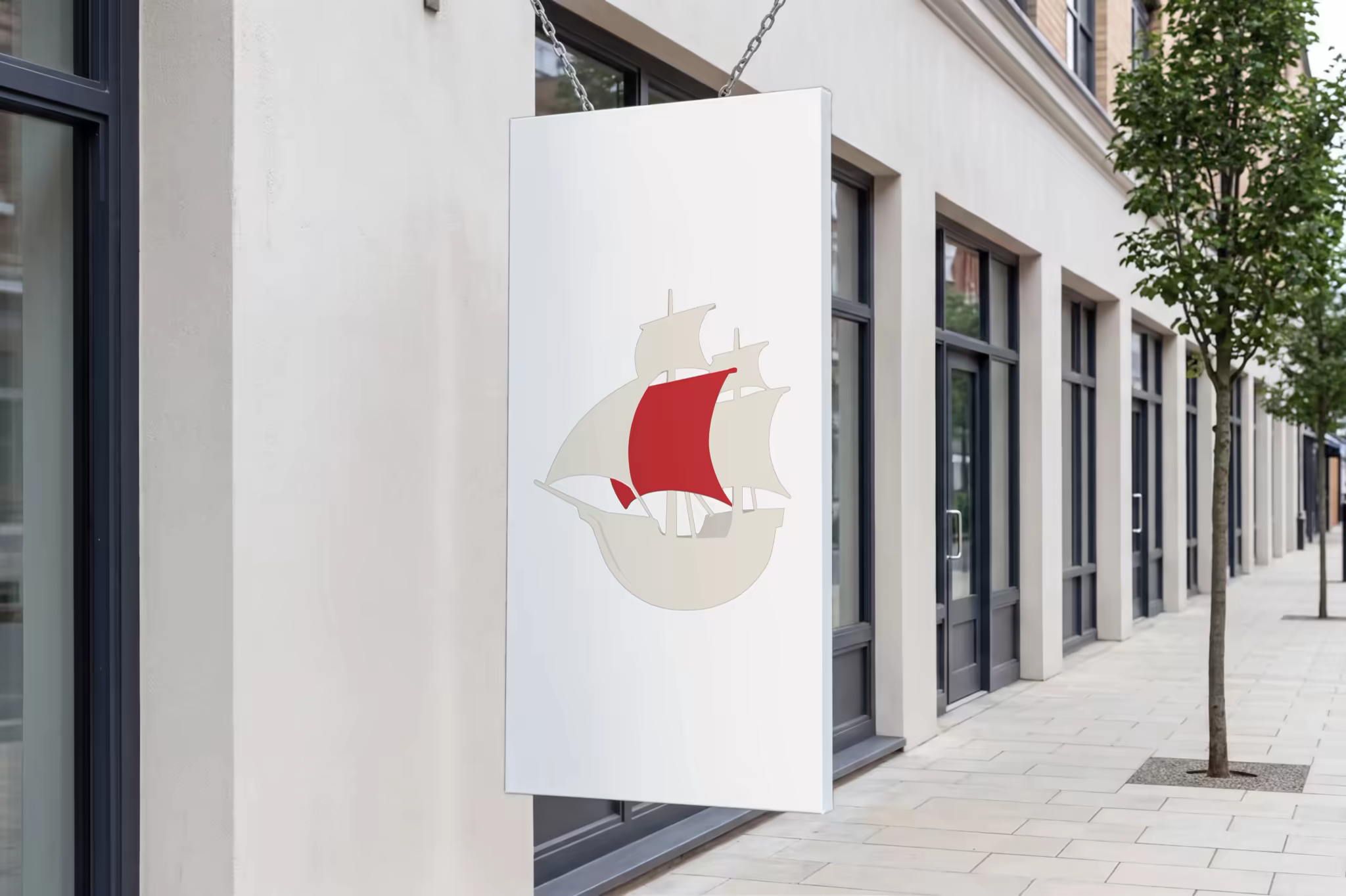 Hanging Shop Sign Mockup on a Paved Street