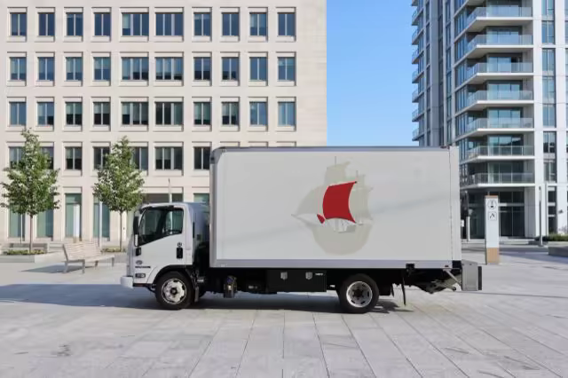 Box Truck Mockup in a Sunlit Office Plaza