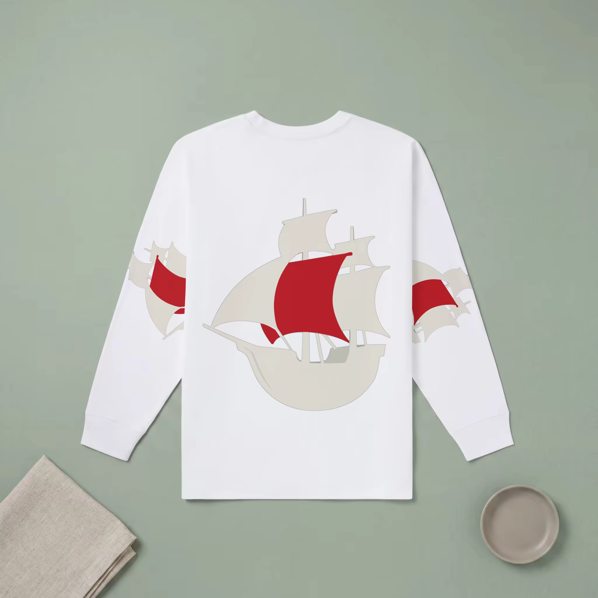 Long Sleeve Tee Mockup Flat Lay on Sage Green