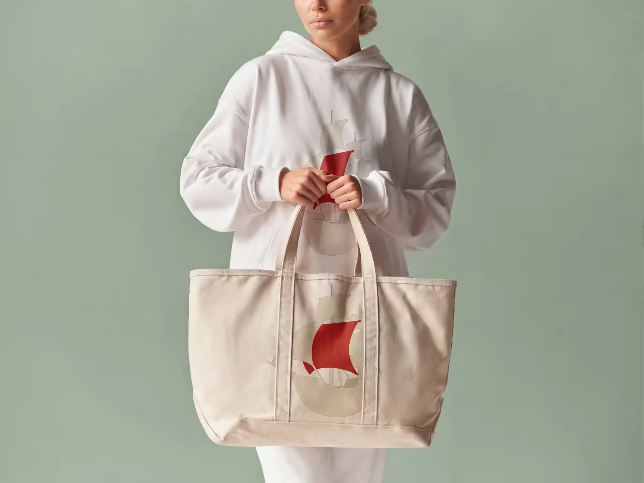 Canvas Tote Bag Mockup Held Against Sage Green