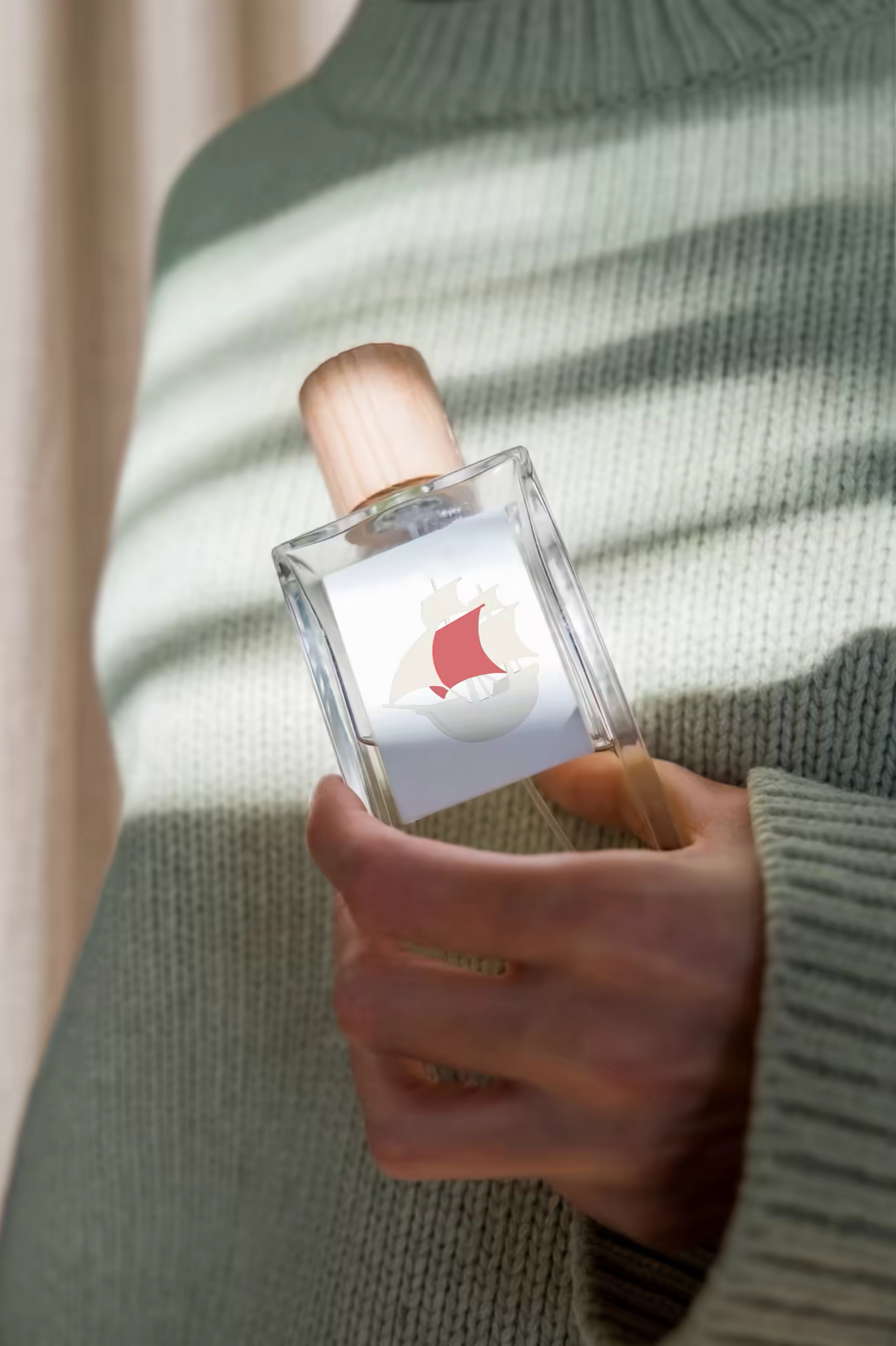Perfume Bottle Mockup With a Wooden Cap in Striped Sun
