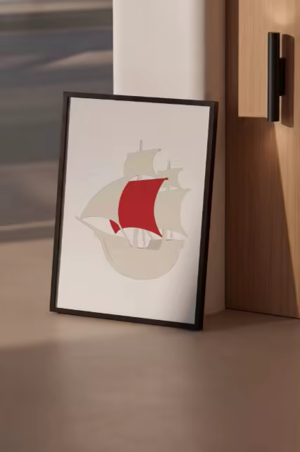 Black Framed Poster Mockup by an Oak Cabinet
