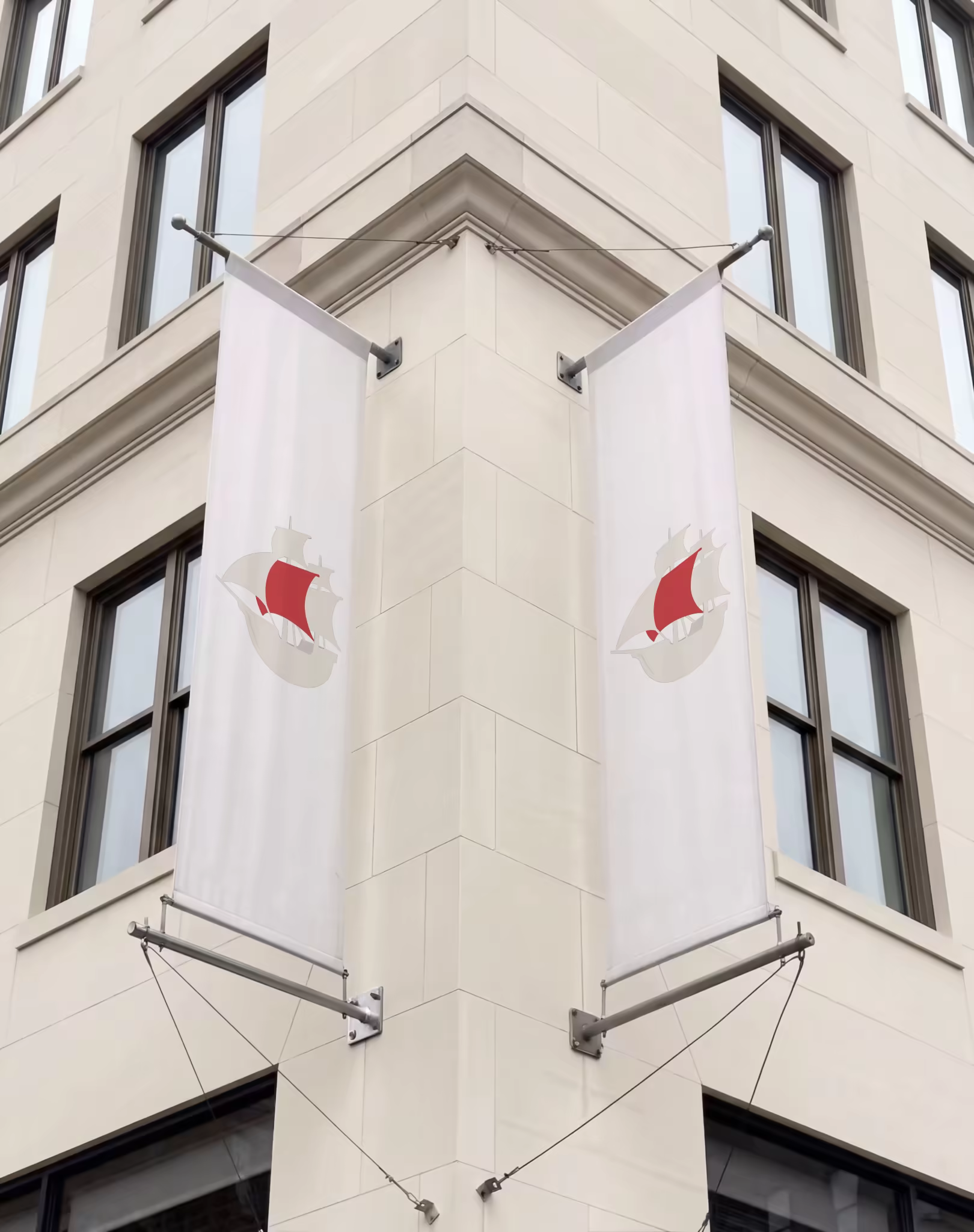 Vertical Flag Banner Mockup on a Stone Corner