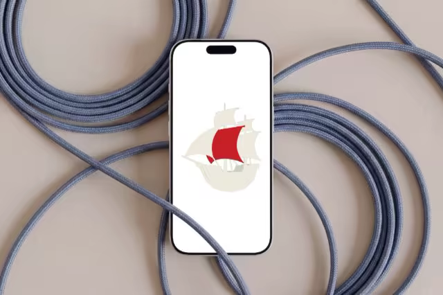 Phone Mockup Among Coiled Blue Braided Cables