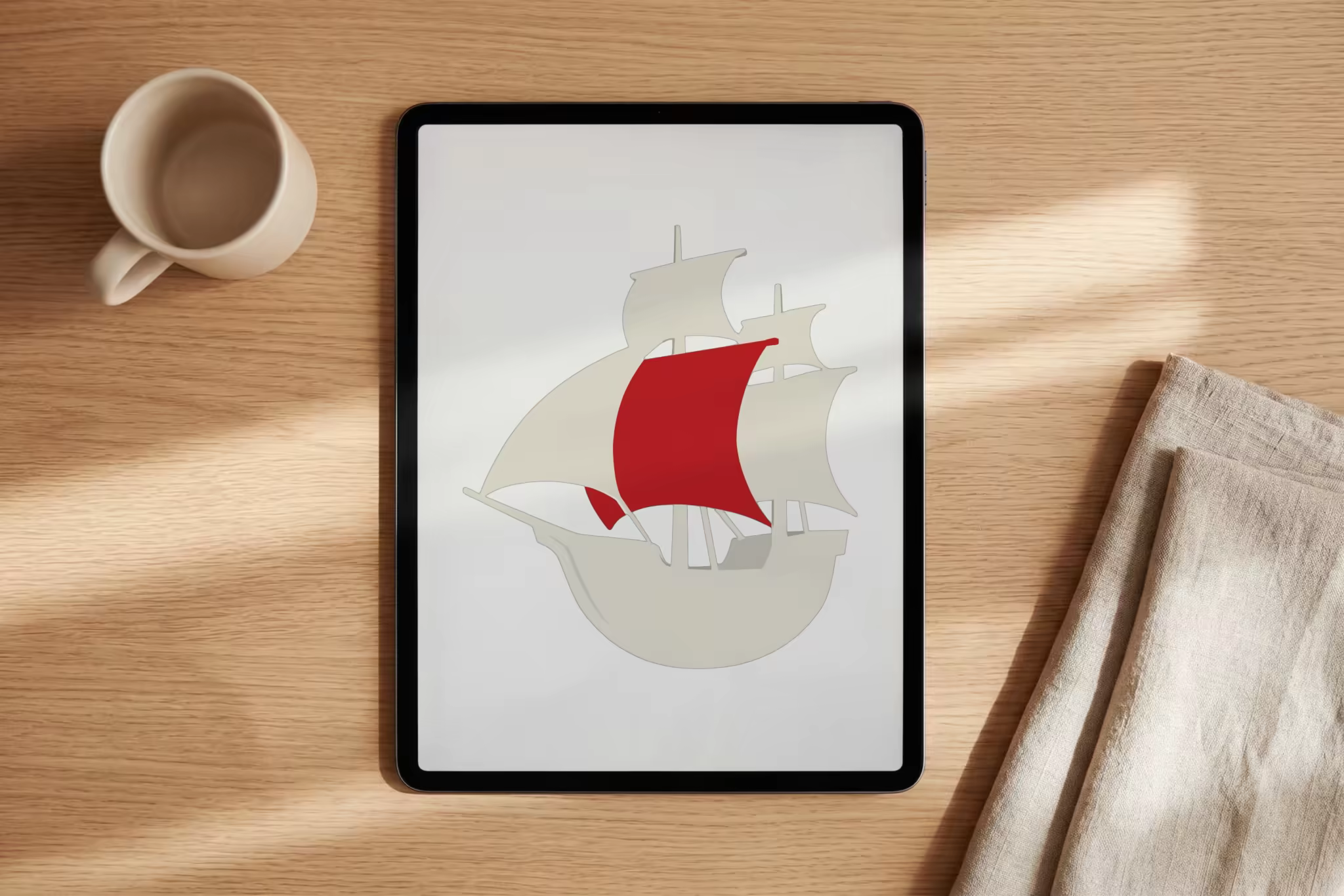 Tablet Mockup on an Oak Desk With a Coffee Mug