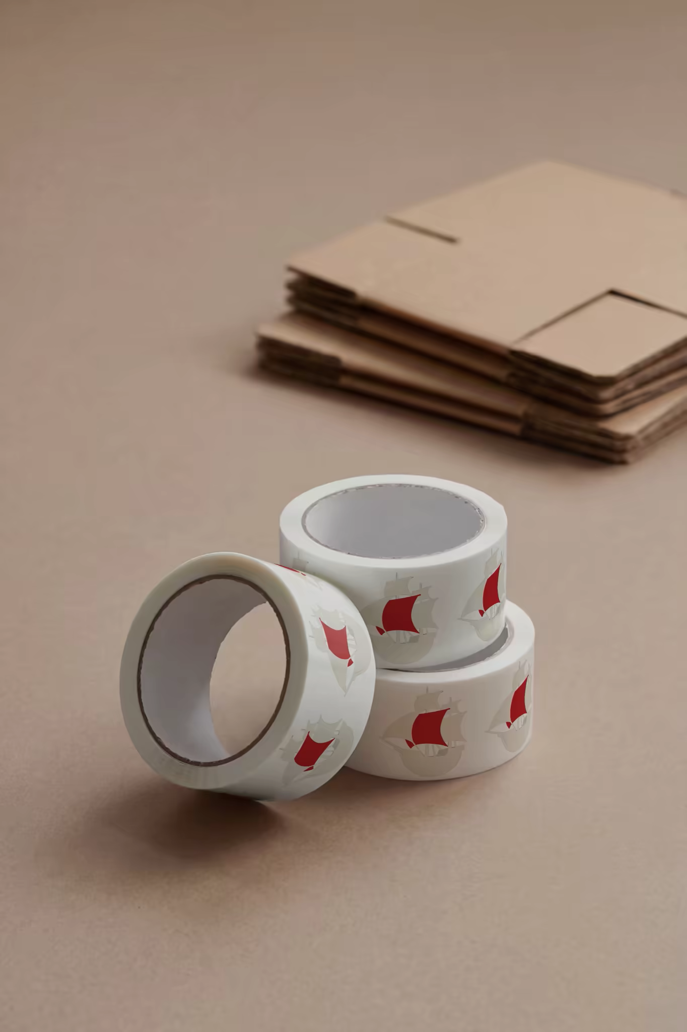 Packing Tape Roll Mockup With Flat Kraft Boxes