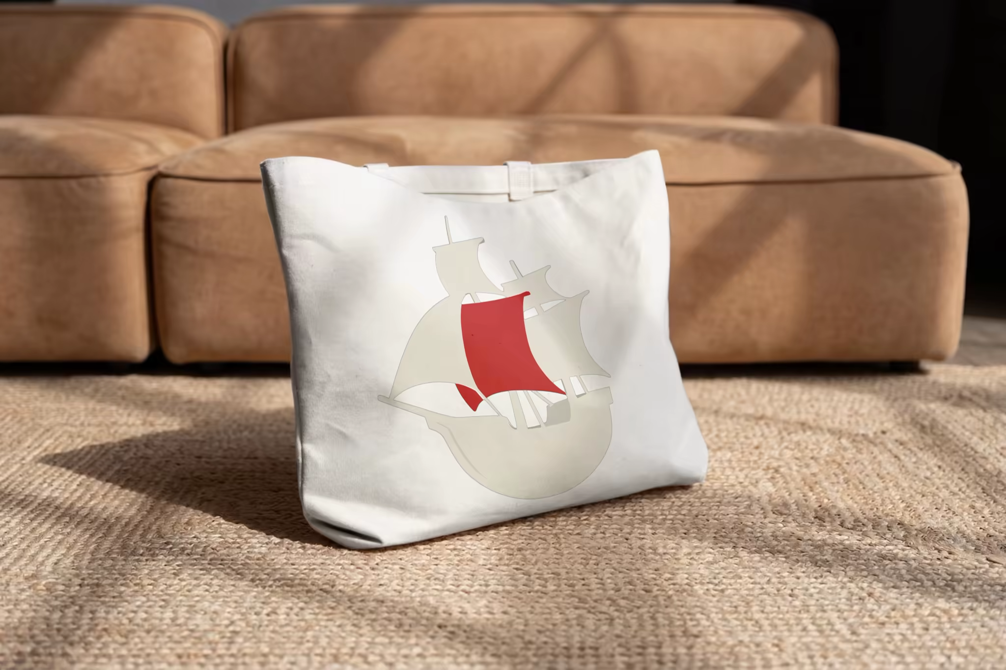 Tote Bag Mockup on Sisal by a Suede Sofa