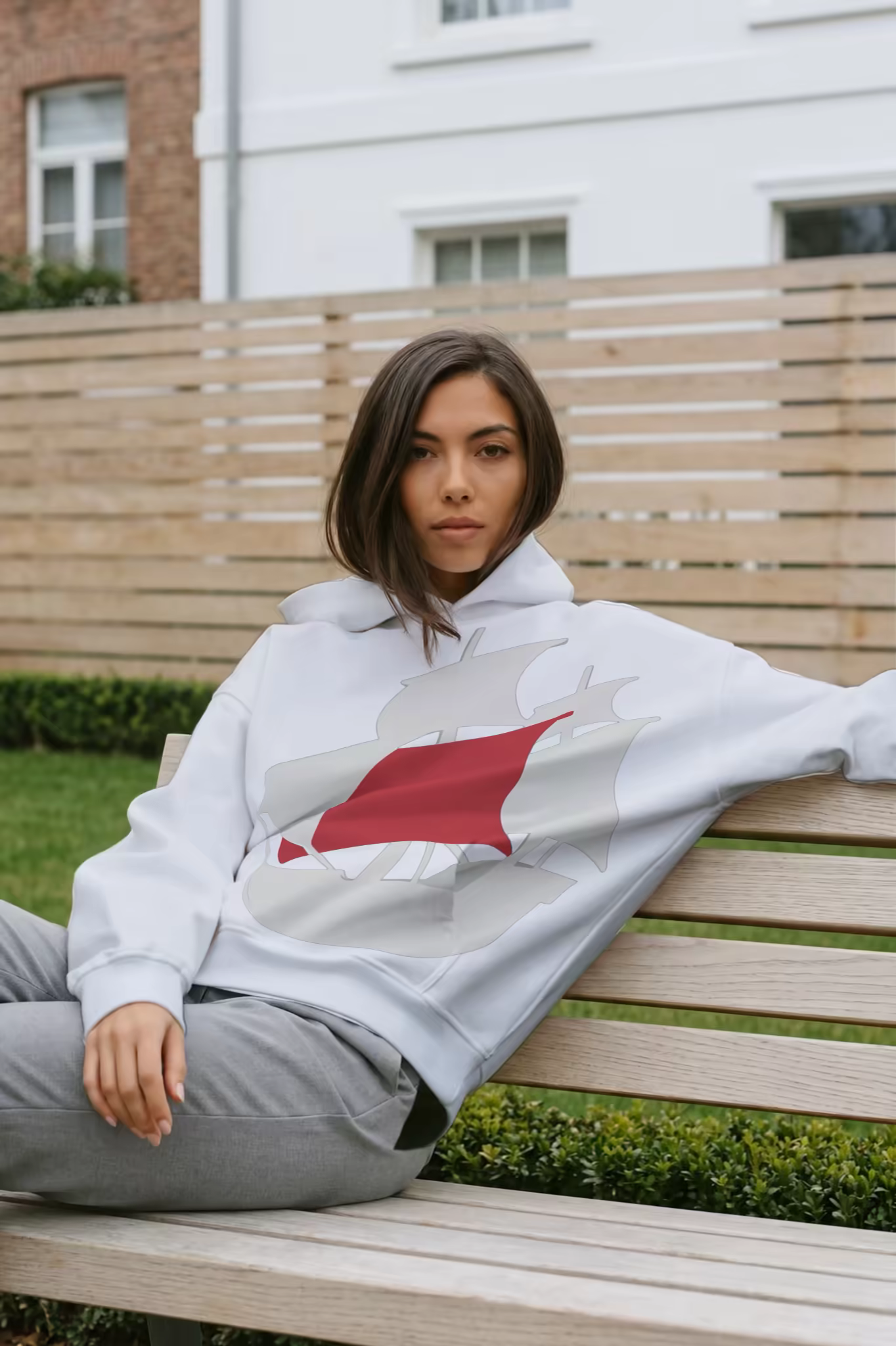 Hoodie Mockup Worn on a Garden Bench