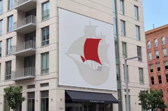 Giant Wall Billboard Mockup Above a Cafe Awning