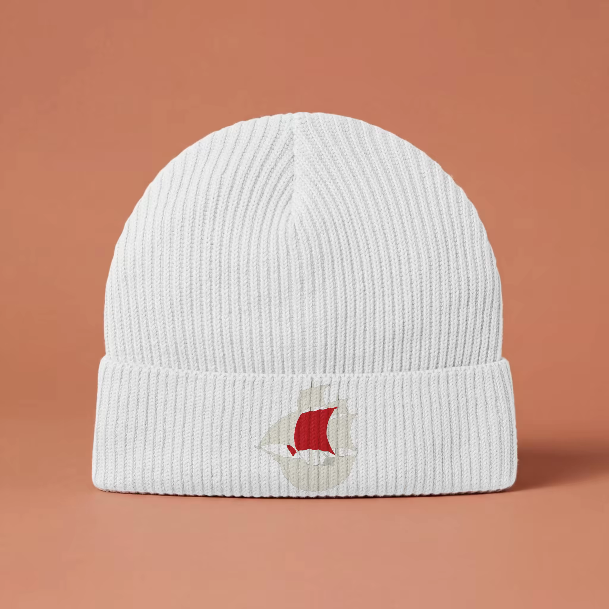 Ribbed Knit Beanie Mockup on Terracotta