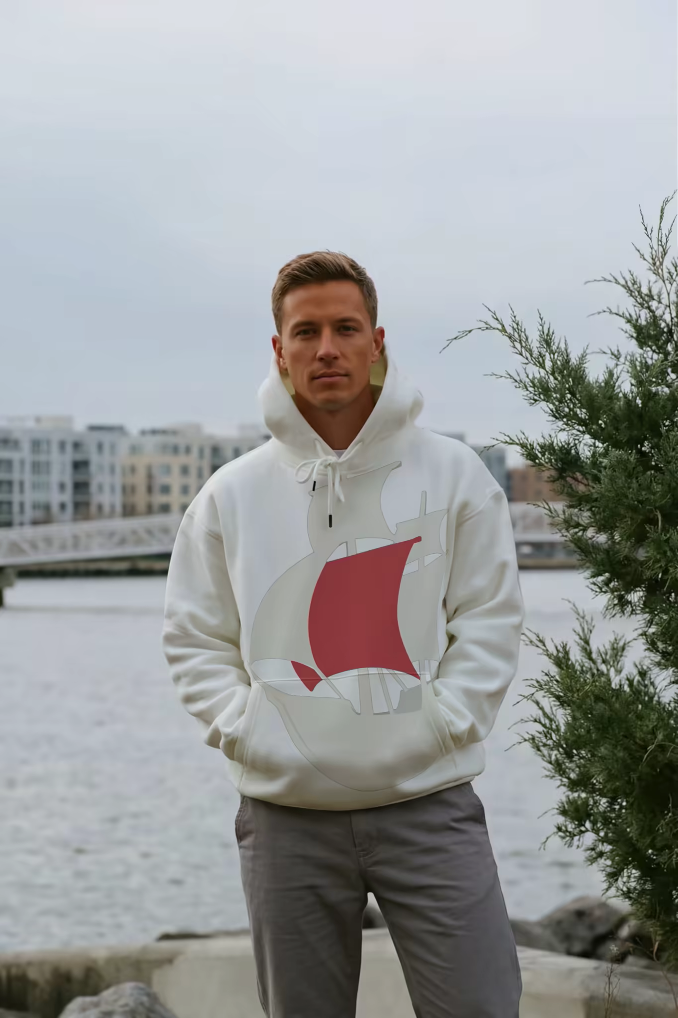 White Hoodie Mockup Worn by a City Harbor