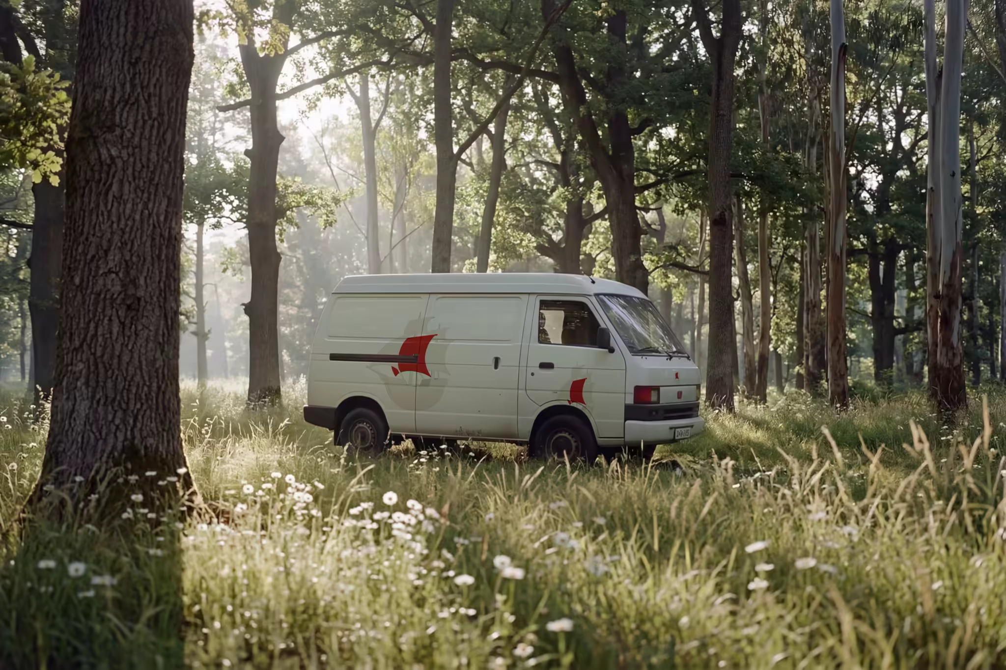 Cargo Van Mockup in a Sunlit Forest Meadow