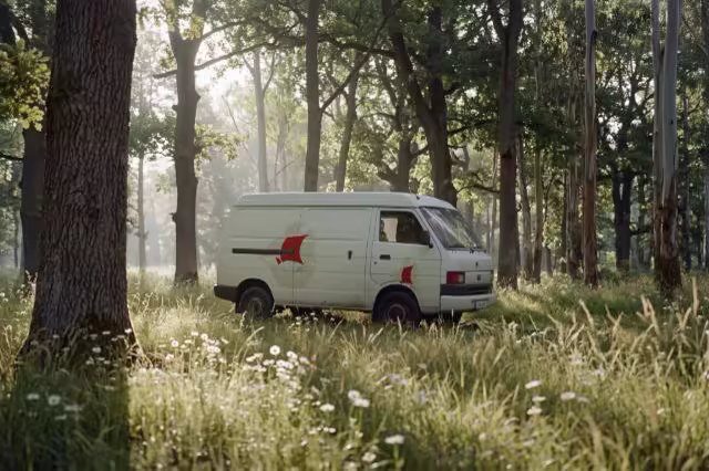 Cargo Van Mockup in a Sunlit Forest Meadow