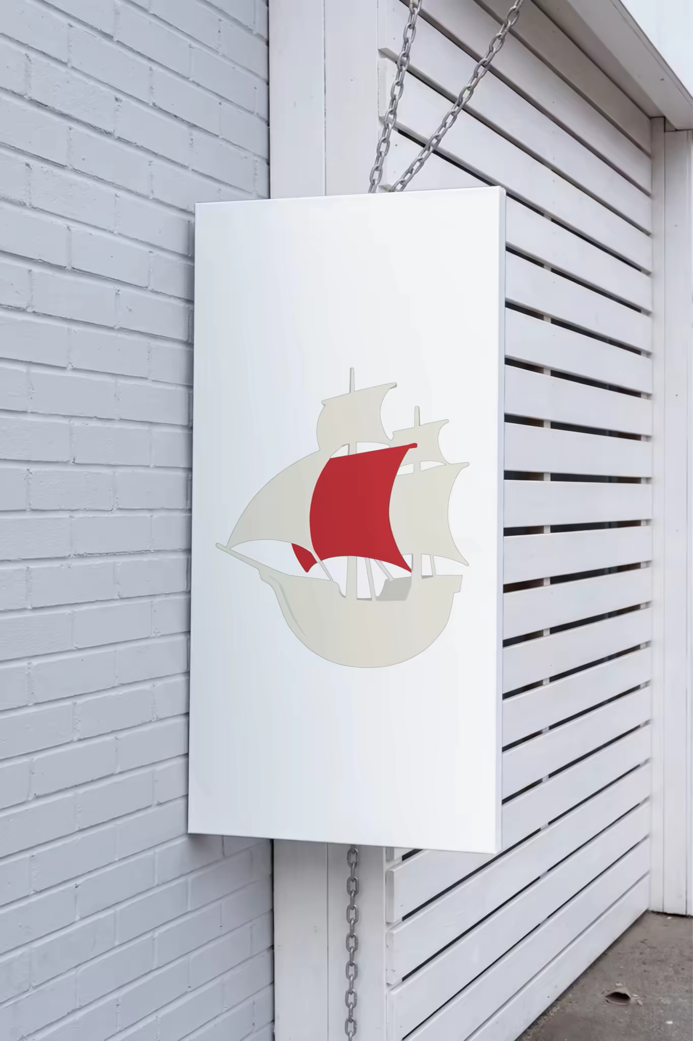 Hanging Canvas Sign Mockup on Whitewashed Brick